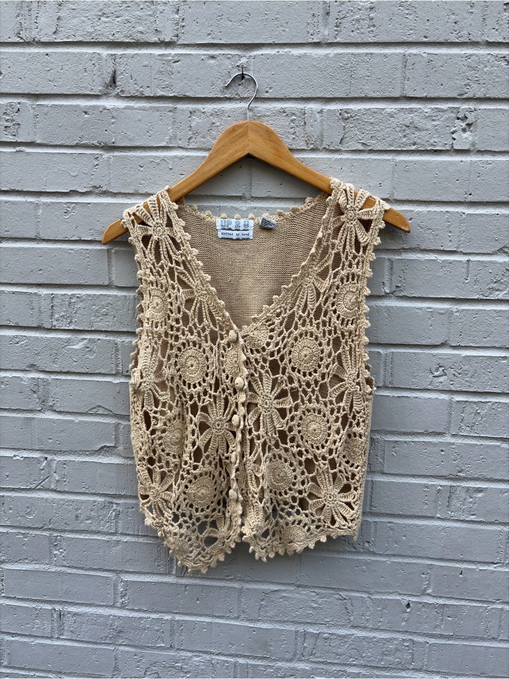 Vintage 90s Boho UP 2 U Hand Knit Crochet Lace Vest - Beige